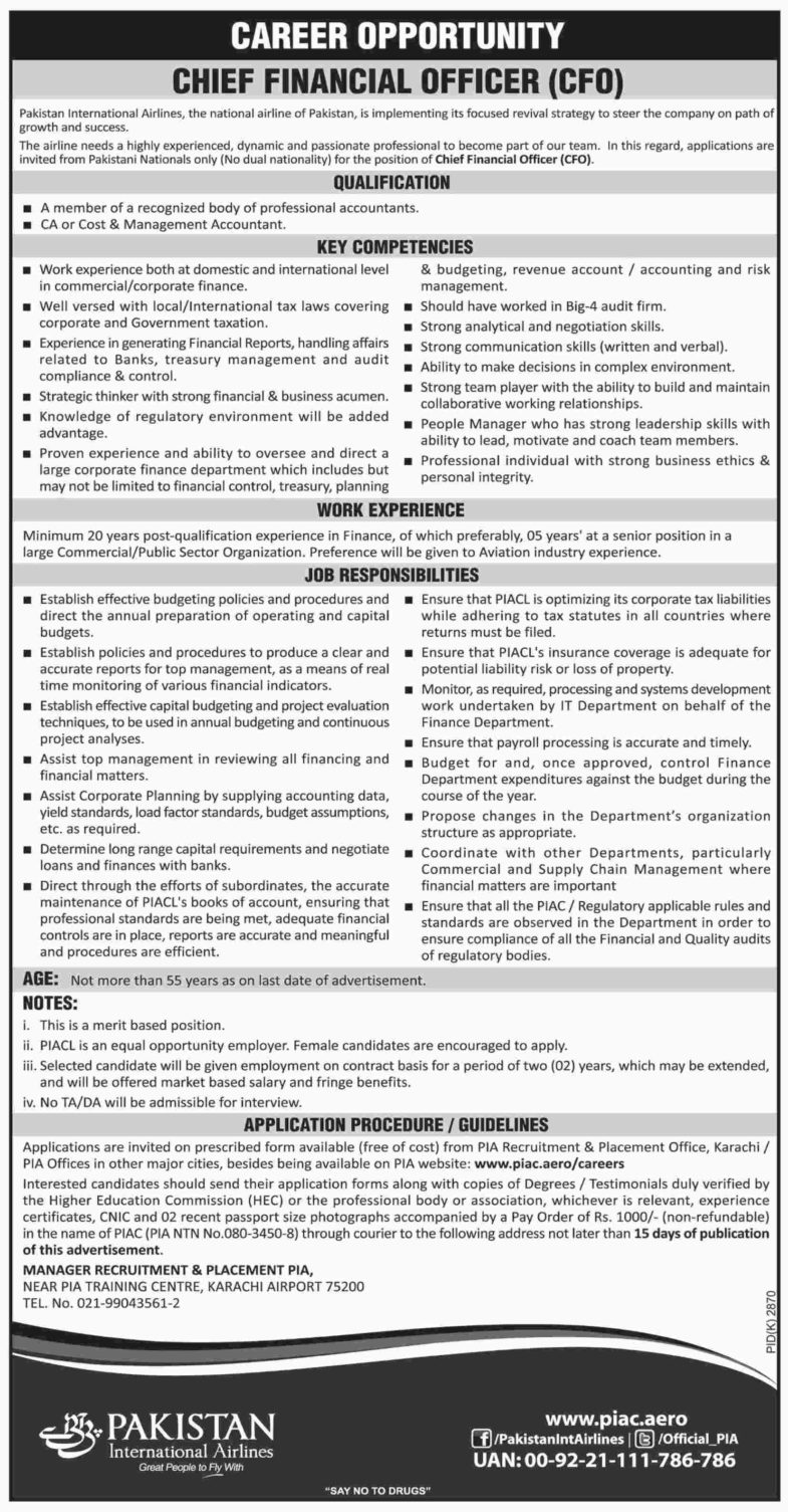 Pakistan International Airlines (PIA) Jobs 2019 for Chief Financial Officer / CFO