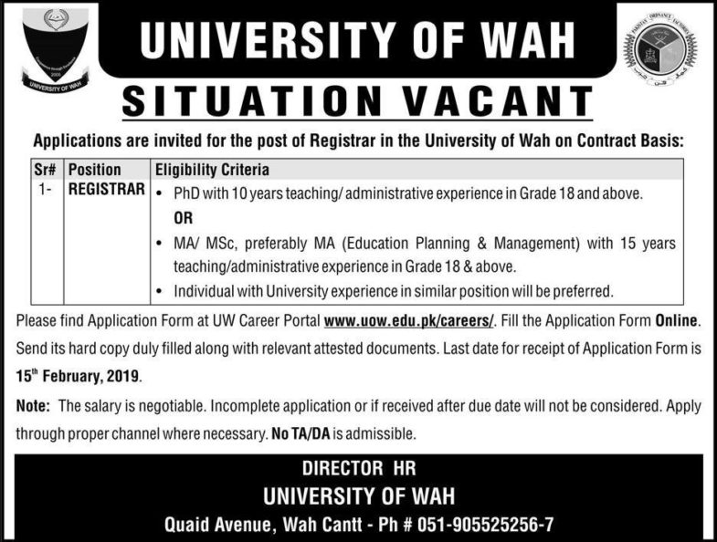 University of WAH Jobs 2019 for Registrar Posts