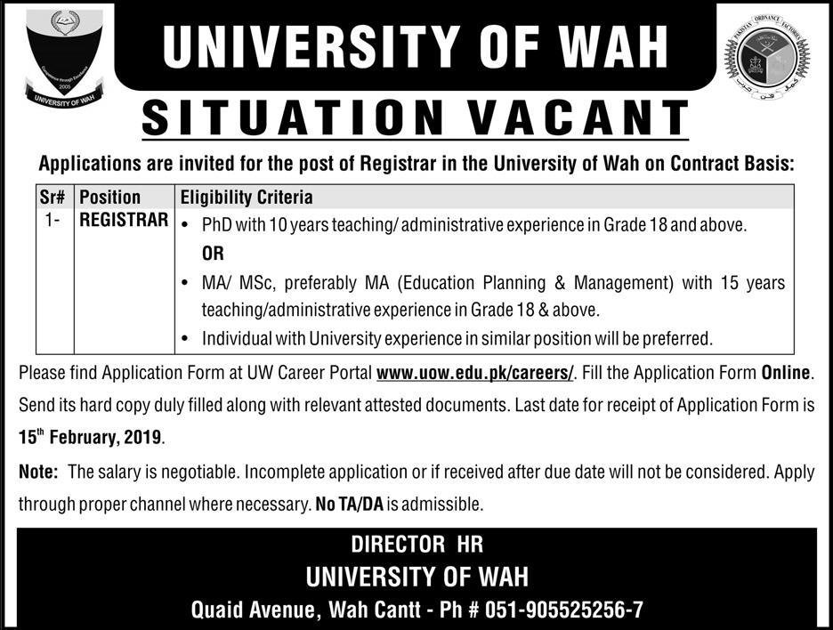 University of WAH Jobs 2019 for Registrar Posts