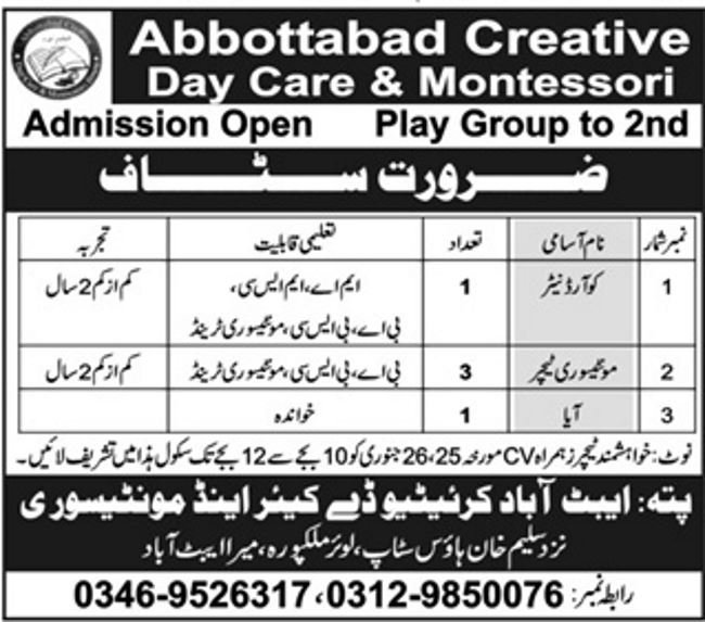 Abbottabad Creative Day Care & Montessori Jobs 2019 for Coordinator and Teachers
