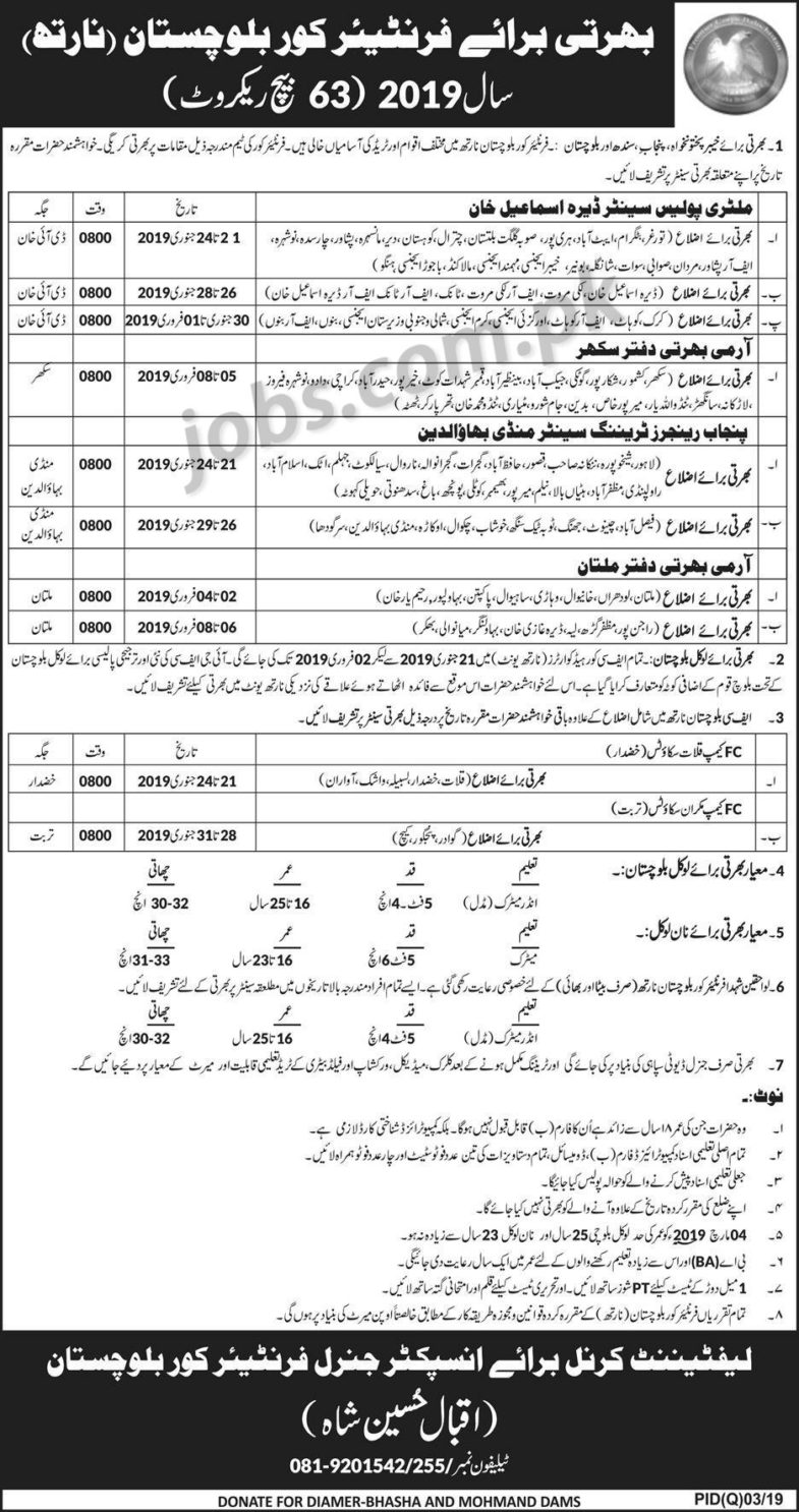 Join Frontier Corps (FC) 2019 in Multiple Categories (63rd Batch) (All Pakistan)