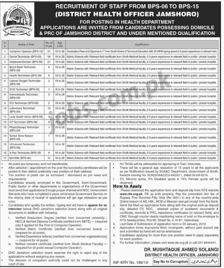 Jamshoro District Health Office Jobs 2019 for 102+ Health & Medical Staff, Computer Operators, LHV, OT & Other Staff (Download NTS Form)