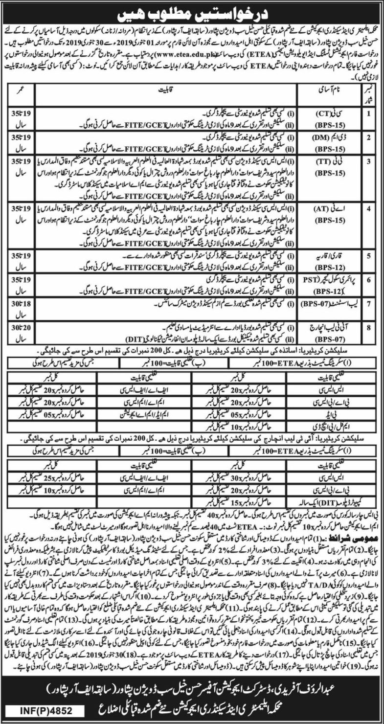 Elementary & Secondary Education Department KP (Peshawar) Jobs 2019 for Teachers, CT, DM, AT, TT, IT and Other Posts
