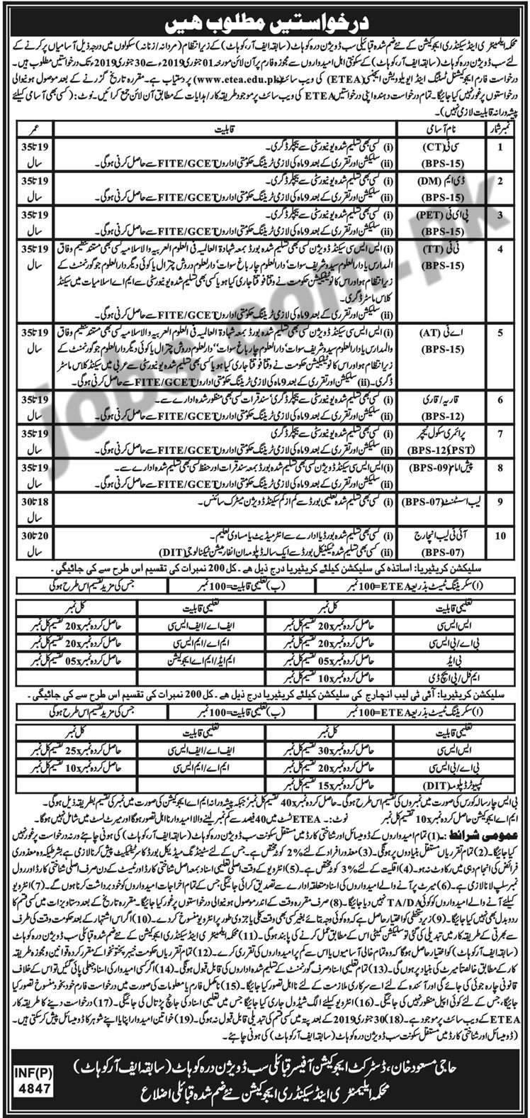 Elementary & Secondary Education Department KP (Kohat) Jobs 2019 for Teachers, CT, DM, AT, TT, IT and Other Posts