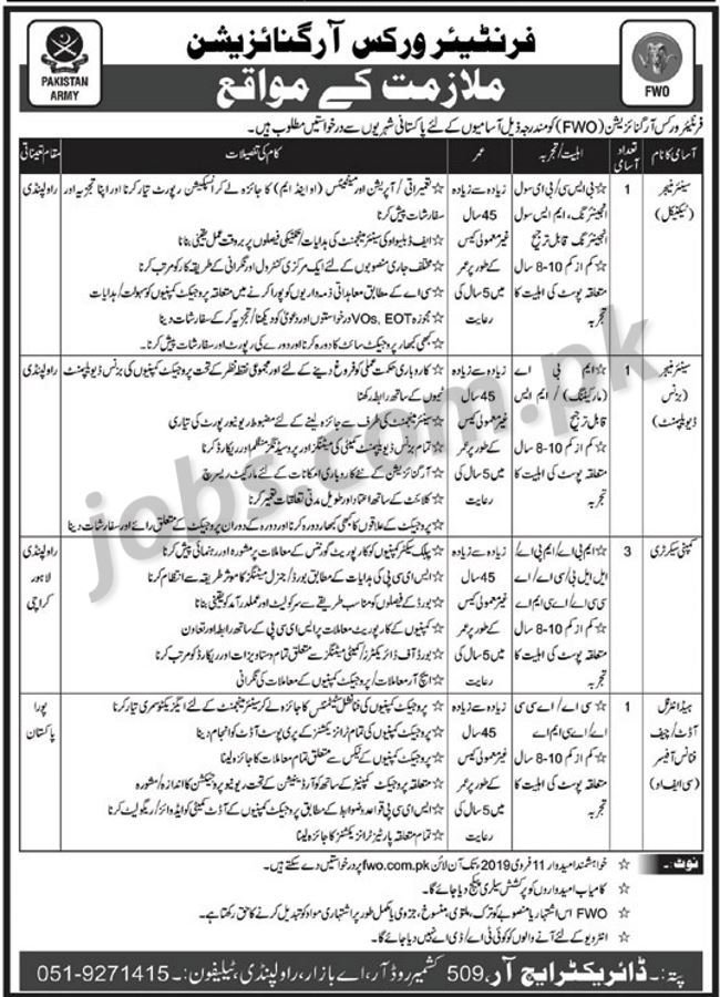 Frontier Works Organization (FWO) Jobs 2019 for Managers, Secretary, Audit / Finance Posts