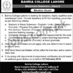 Bahria College Lahore Jobs 2019 for Teachers