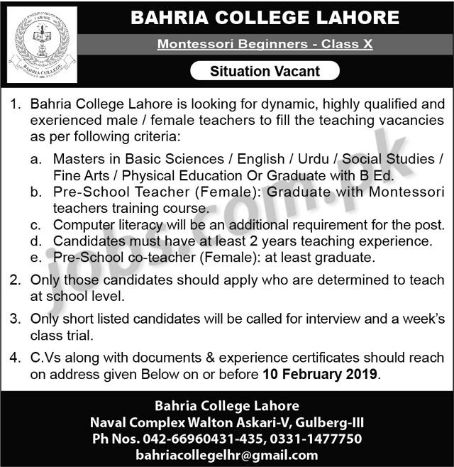 Bahria College Lahore Jobs 2019 for Teachers