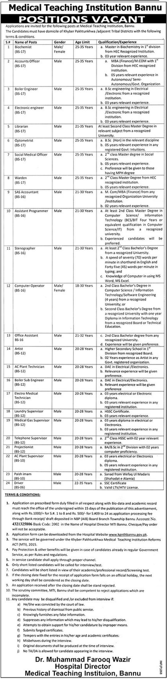 Bannu Medical Teaching Institution Jobs 2019 for Admin, Accounts, IT, Medical, Technical & Support Staff