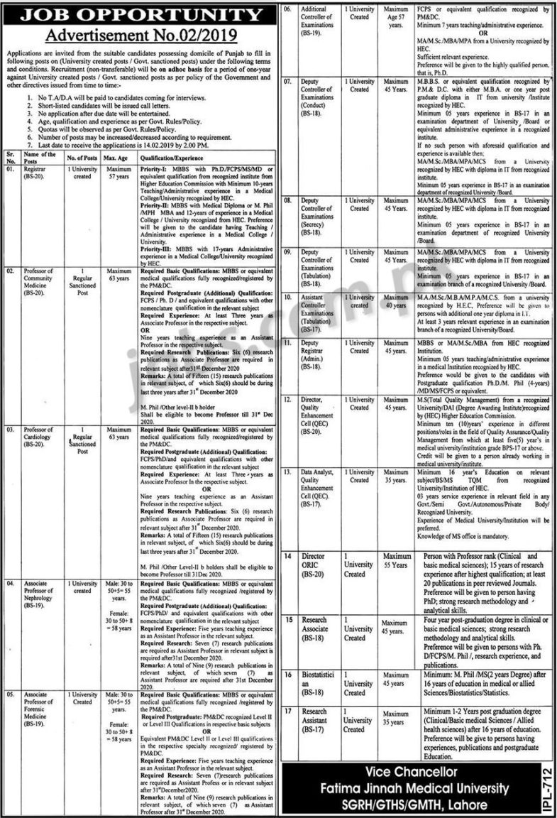 Fatima Jinnah Medical University Jobs 2019 for 17+ Teaching & Non-Teaching Staff