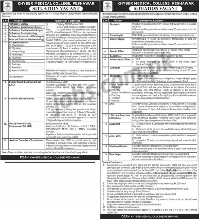 Khyber Medical College (Peshawar) Jobs 2019 for 40+ Teaching & Non-Teaching Staff