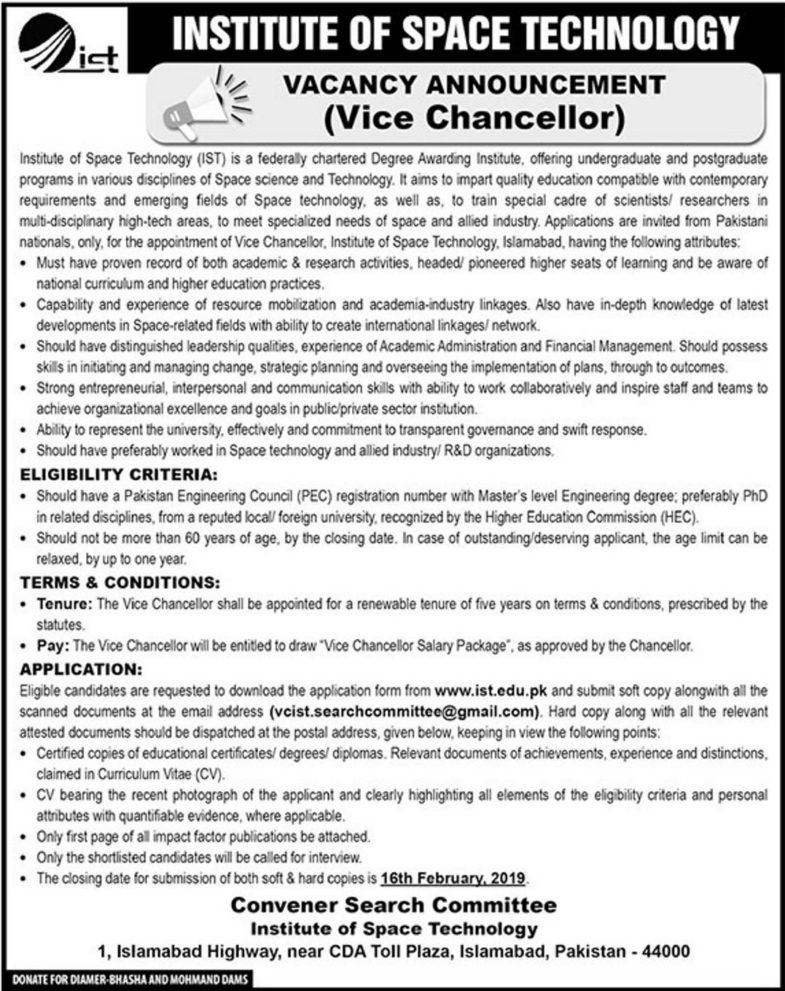Institute of Space Technology (IST) Jobs 2019 for Vice Chancellor