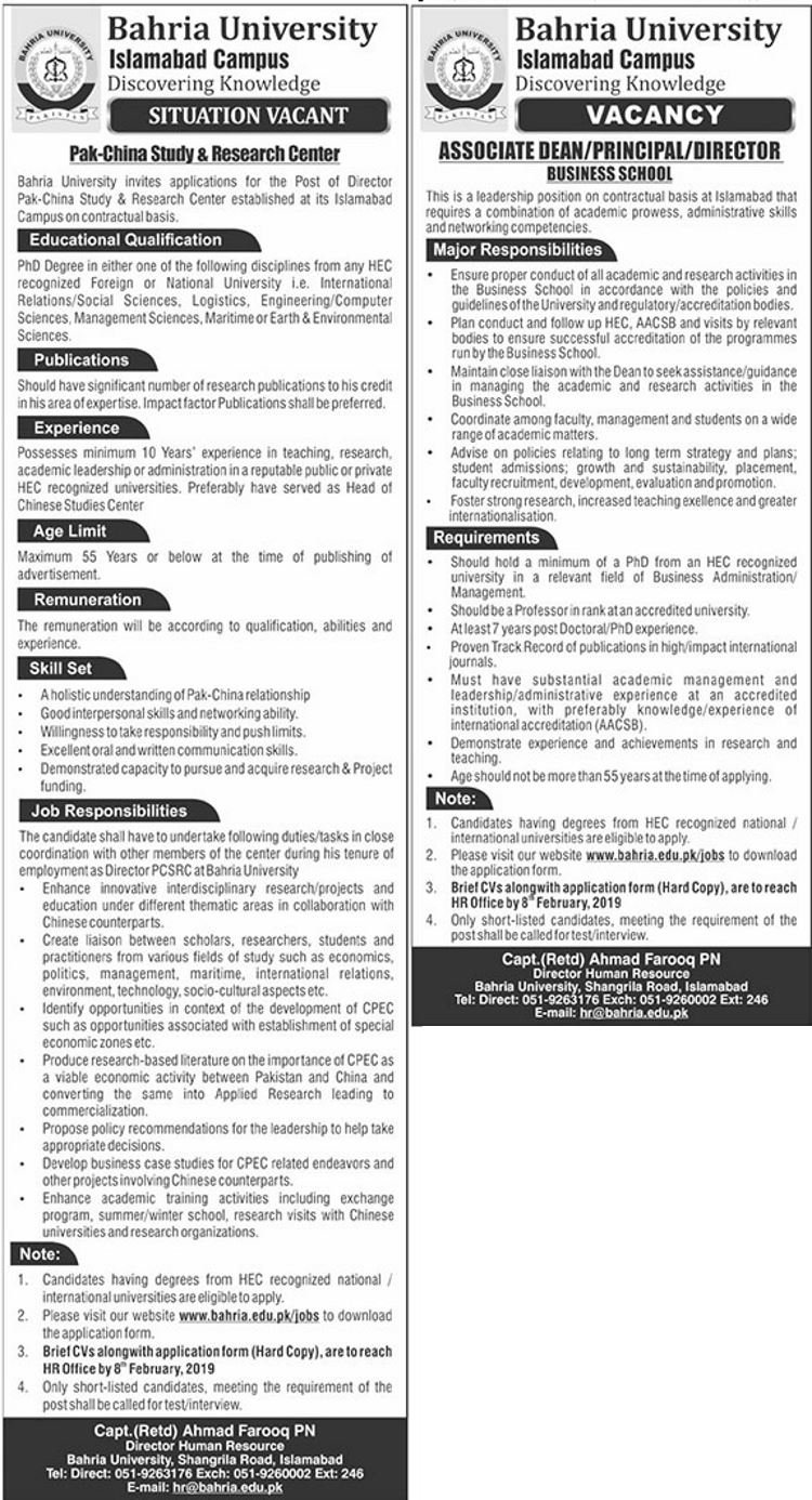 Bahria University (Islamabad) Jobs 2019 for Directors, Associate Dean / Principal Posts