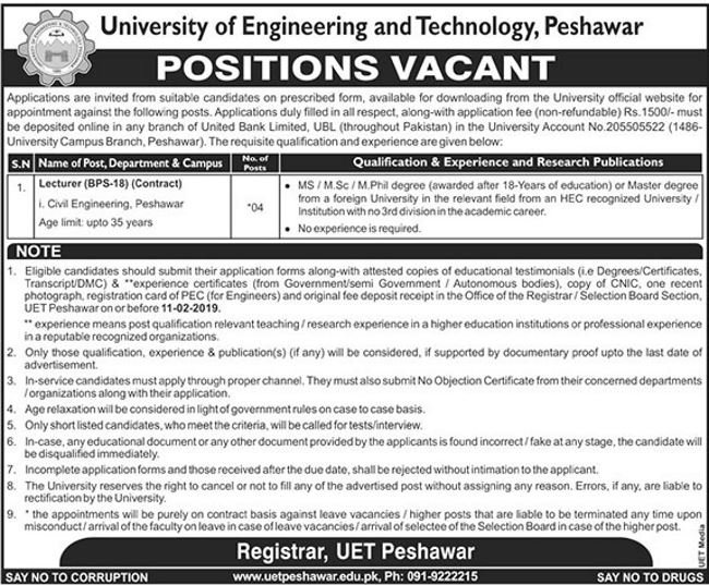 UET Peshawar Jobs January 2019 for Teaching Faculty