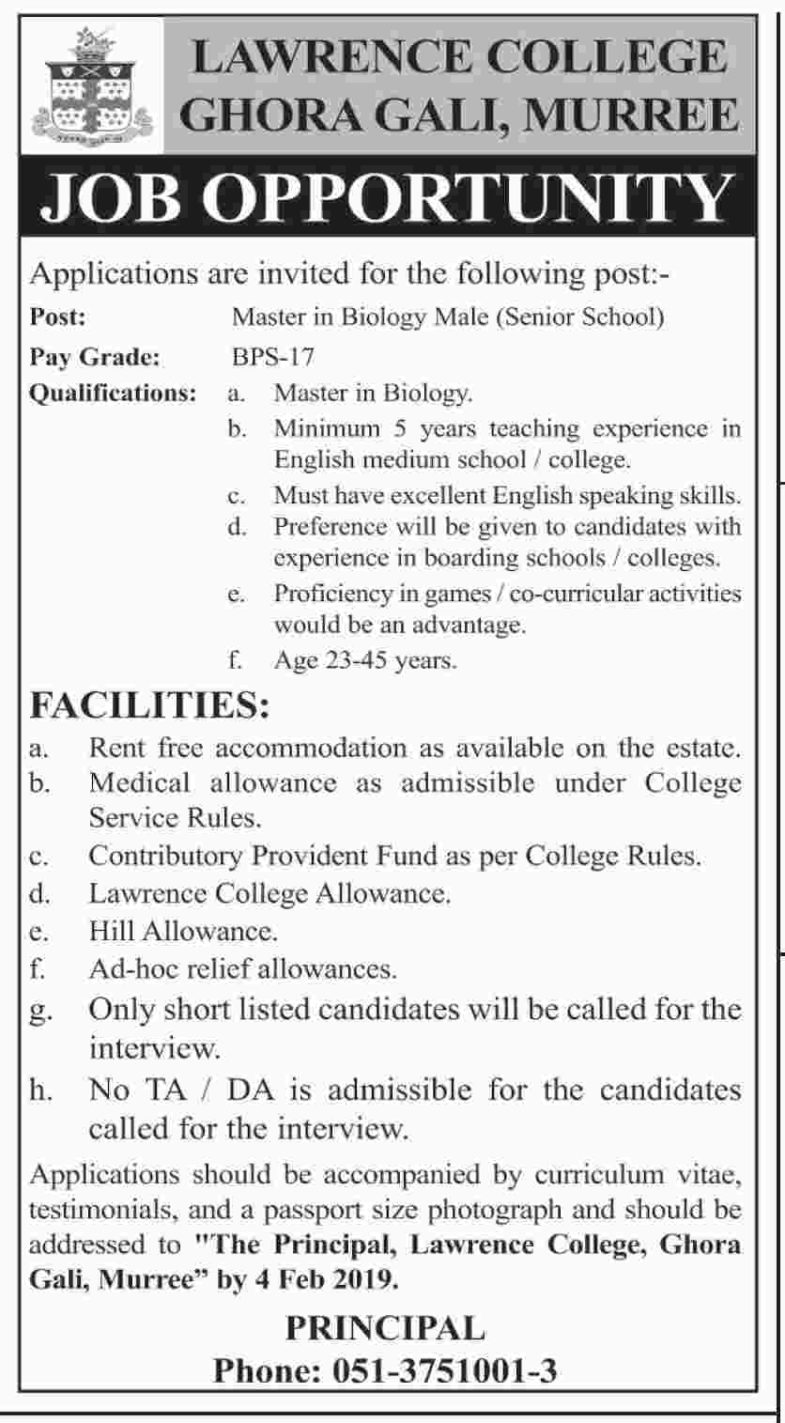 Lawrence College Murree Jobs 2019 for Master in Biology