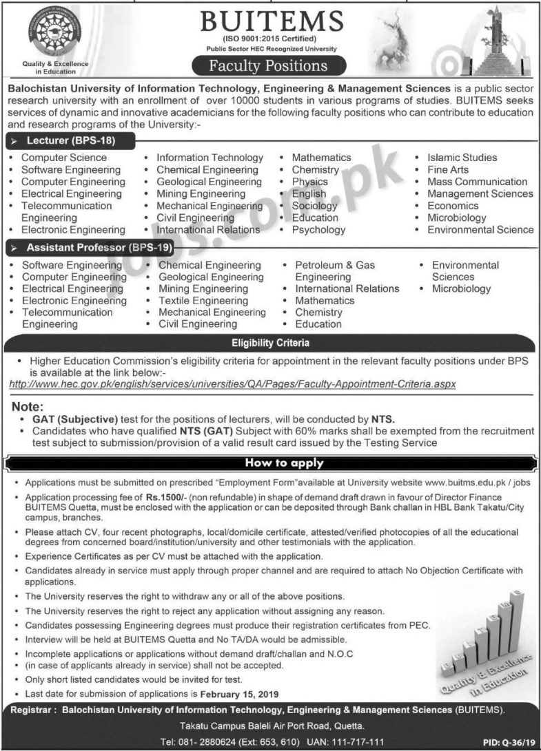 BUITEMS University Jobs 2019 for Teaching Faculty (Download NTS Form)