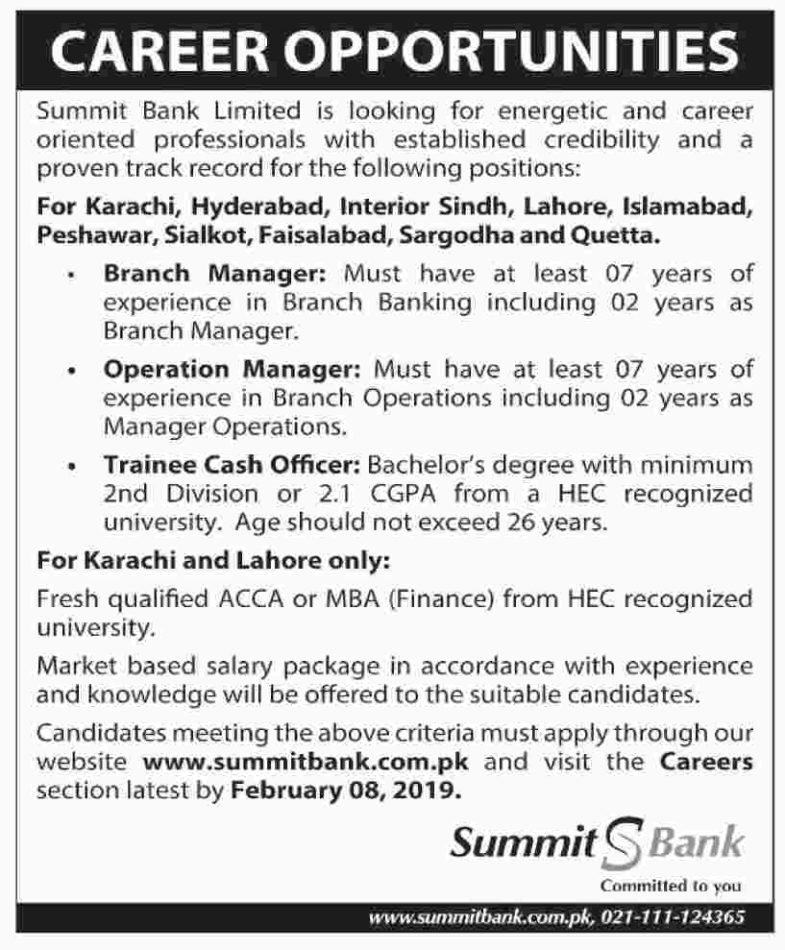 Summit Bank Ltd Jobs 2019 for Trainee Cash Officers, Operation & Branch Managers (Multiple Cities)