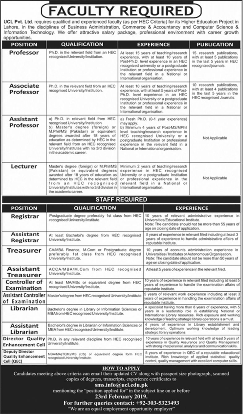 University College Lahore Jobs 2019 for Teaching & Non-Teaching Staff (Multiple Categories)