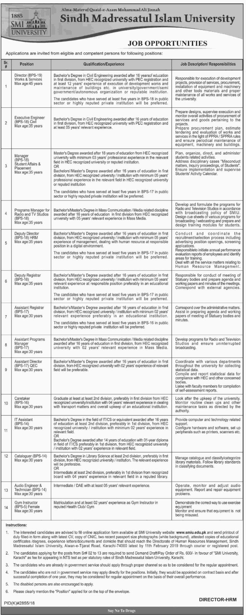Sindh Madressatul Islam University Jobs 2019 for 14+ Posts (Multiple Categories)