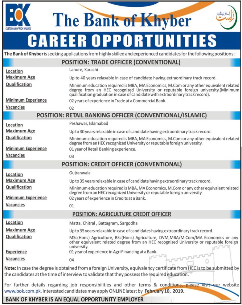 Bank of Khyber (BOK) Jobs 2019 for Various Banking Positions (Multiple Cities)