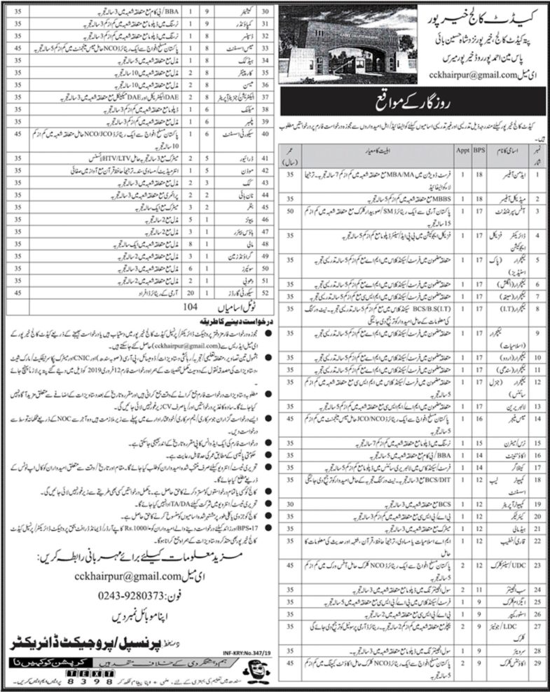 Cadet College Khairpur Jobs 2019 for 104+ Admin, IT, Medical, Sub-Engineers, Clerks, Teaching & Other Staff
