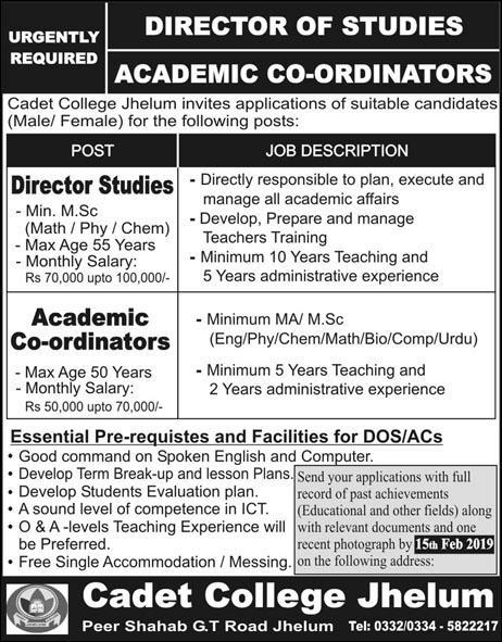 Cadet College Jhelum Jobs 2019 for Academic Coordinators and Director Studies