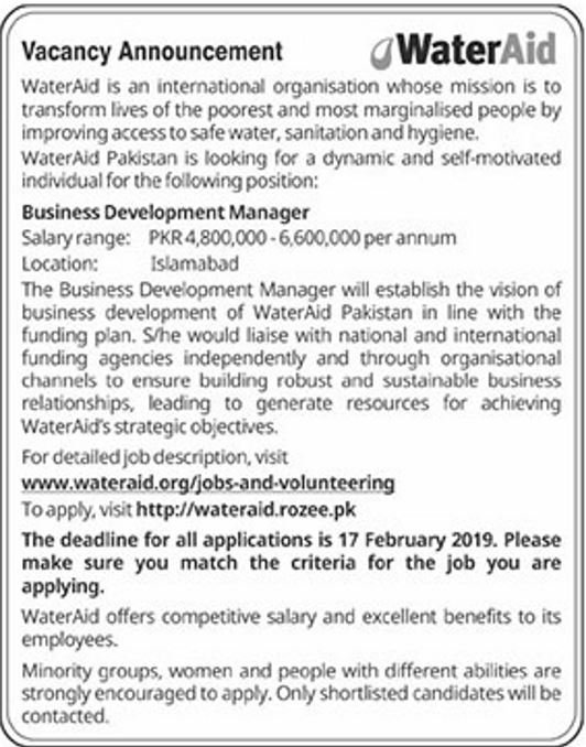 WaterAid NGO Jobs 2019 for Business Development Manager