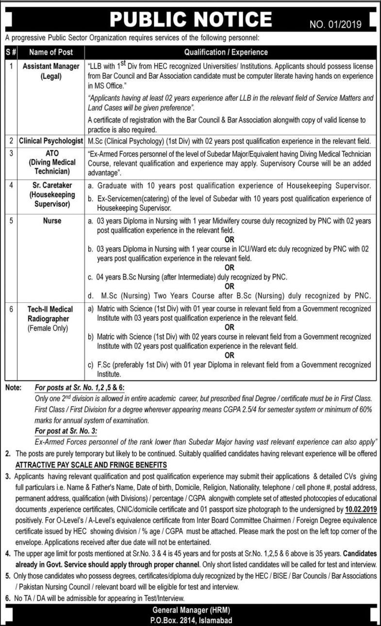 PO Box 2814 Federal Govt Organization Jobs 2019 for Asst Manager, Medical, Nurse, Tech-II / Medical, Caretaker & Legal Posts