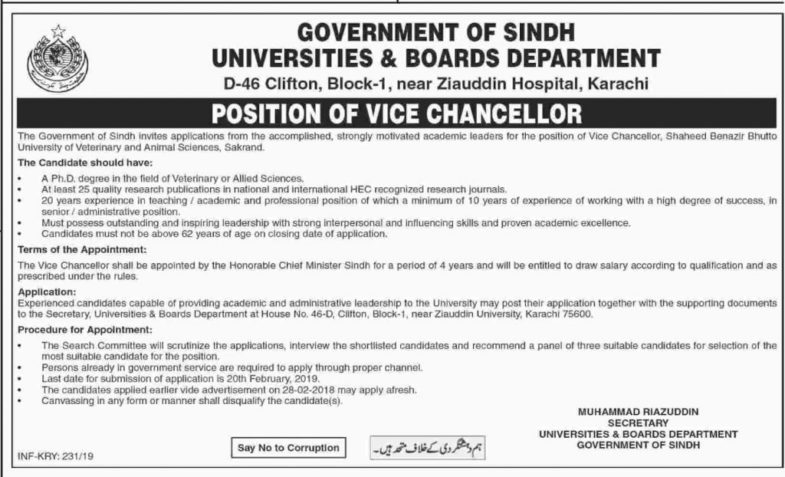 Sindh Universities & Boards Department Jobs 2019 for Vice Chancellors