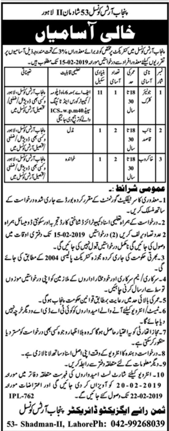 Punjab Arts Council (PAC) Jobs 2019 for 5+ Jr Clerk and Support Staff