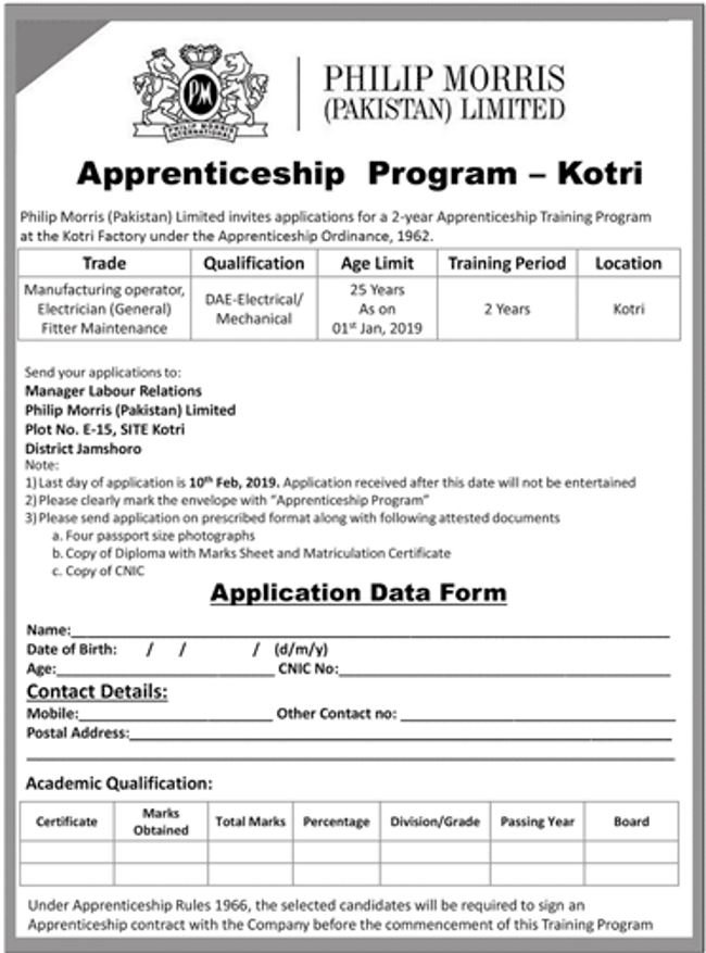Philip Morris Pakistan Apprenticeship Program 2019