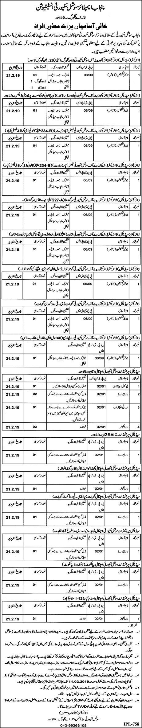 Punjab Employees Social Security Institution (PESSI) Jobs 2019 for 22+ Junior Technicians & Support Staff