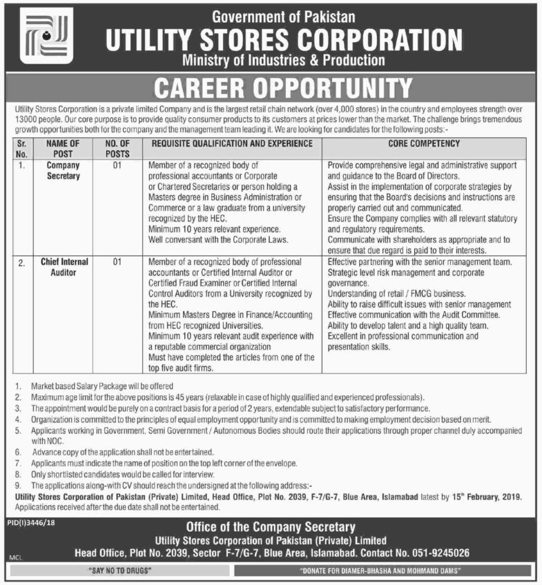 Utility Stores Corporation (USC) Jobs 2019 for Company Secretary and Chief Internal Auditor