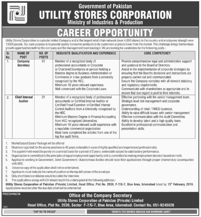 Utility Stores Corporation (USC) Jobs 2019 for Company Secretary and Chief Internal Auditor