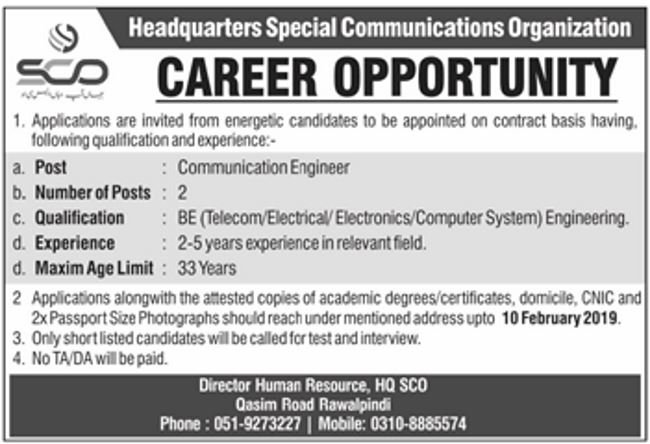 HQ Special Communications Organization (SCO) Jobs 2019 for 2+ Telecom / Communication Engineers