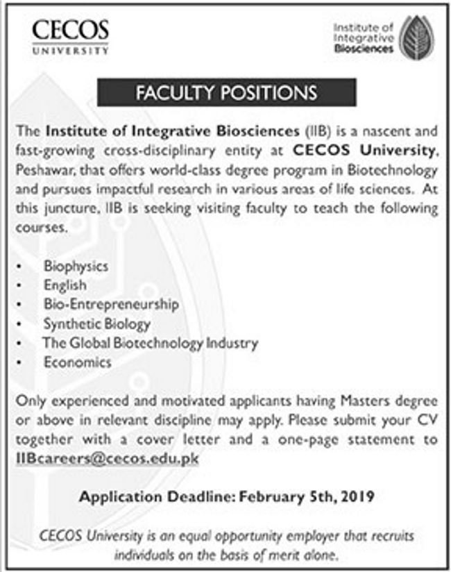CECOS University Peshawar Jobs 2019 for Teaching Faculty
