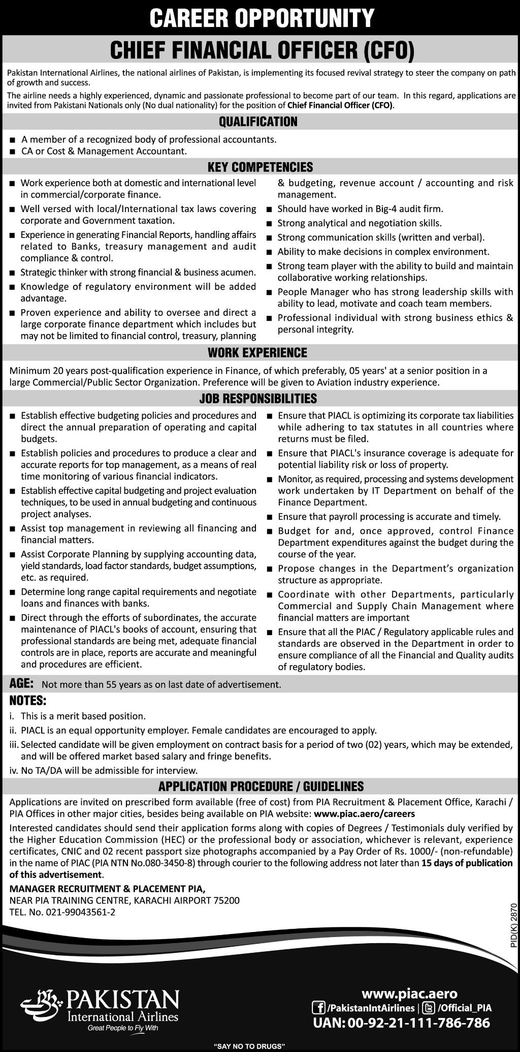 PIA Jobs 2019 for Chief Financial Officer / CFO