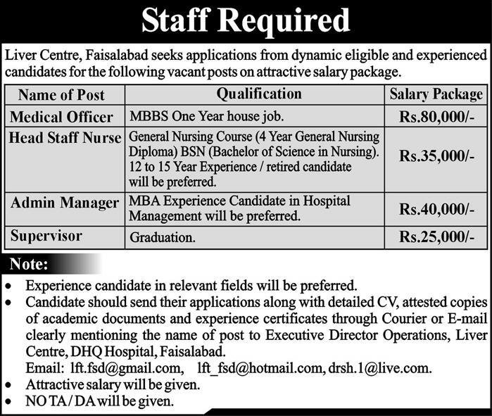 Faisalabad Liver Centre Jobs 2019 for Medical Officer, Staff Nurse, Admin Manager and Supervisor