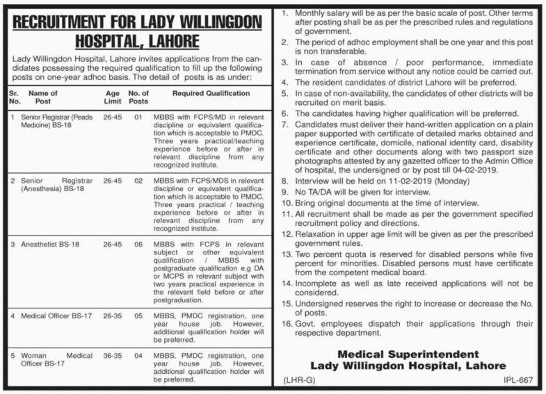 Lady Willingdon Hospital Lahore Jobs 2019 for 18+ Registrars and Medical Posts