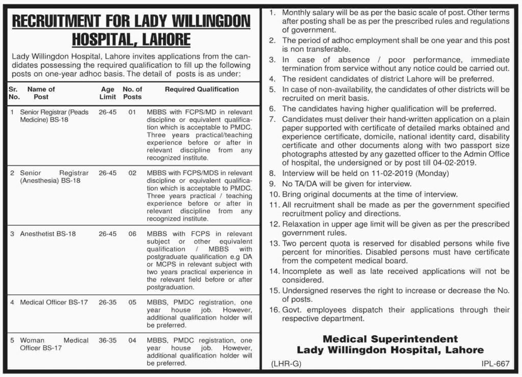 Lady Willingdon Hospital Lahore Jobs 2019 for 18+ Registrars and Medical Posts