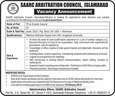 SAARC Council Islamabad Jobs 2019 for PS / Admin