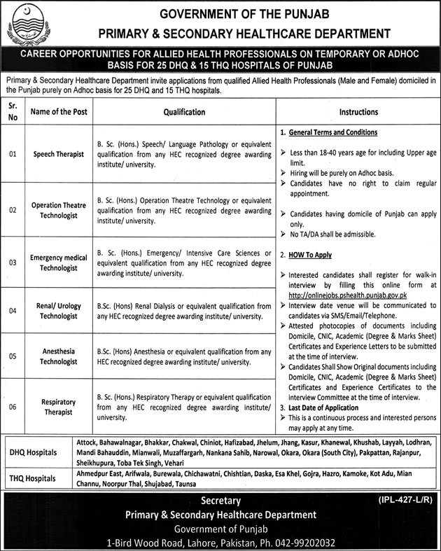 PS Healthcare Department Punjab Jobs 2019 for 100+ Medical Staff in All DHQ/THQ Hospitals