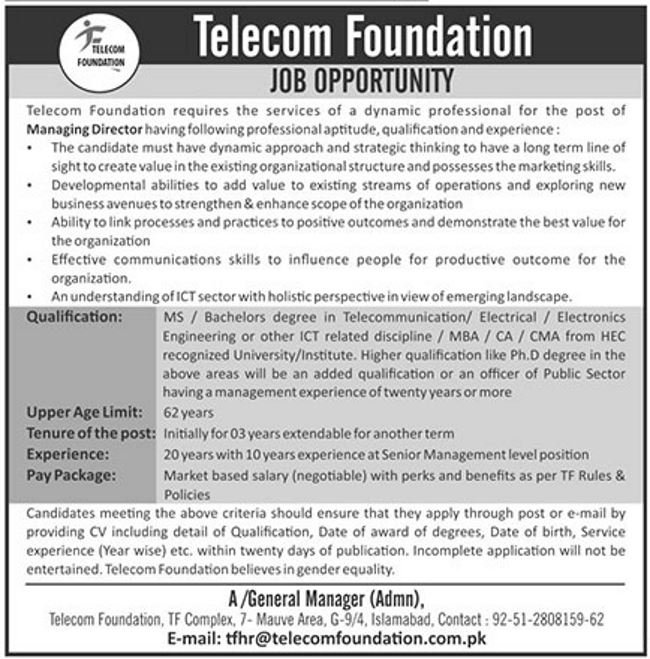 Telecom Foundation Jobs 2019 for Managing Director