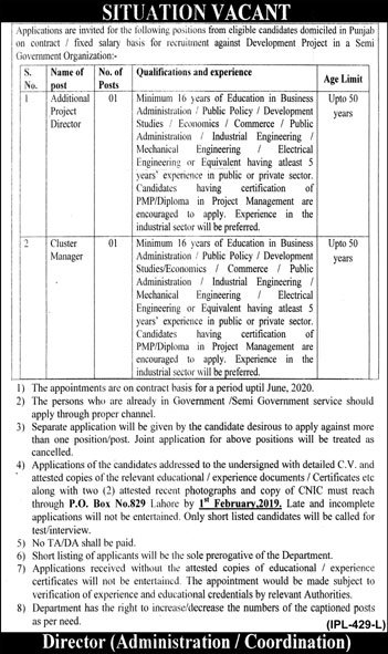 PO Box 829 Punjab Jobs 2019 for Additional Project Director & Cluster Manager