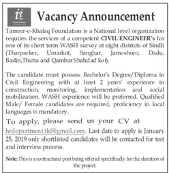 Tameer-e-Khalaq Foundation NGO Jobs 2019 for Civil Engineers