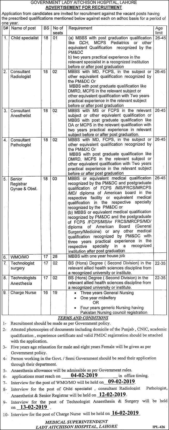 Govt Lady Aithison Hospital Lahore Jobs 2019 for 61+ MO/WMOs, Charge Nurses & Medical Posts