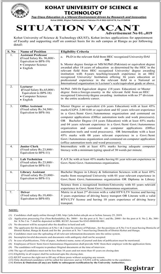 Job In Kohat University Of Science And Technology 14 Jan 2019