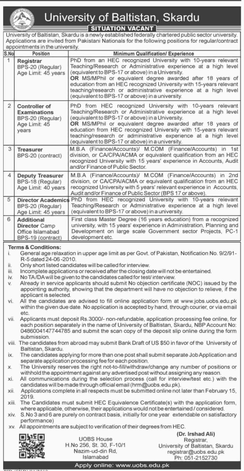 University of Baltistan Skardu Jobs 2019 for Treasurer, Registrar, Controller Examination & Management Posts