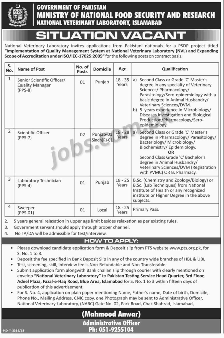 Ministry of National Food Security & Research Jobs 2019 for Scientific Officers, Quality Manager, Lab & Support Staff (Download PTS Form)
