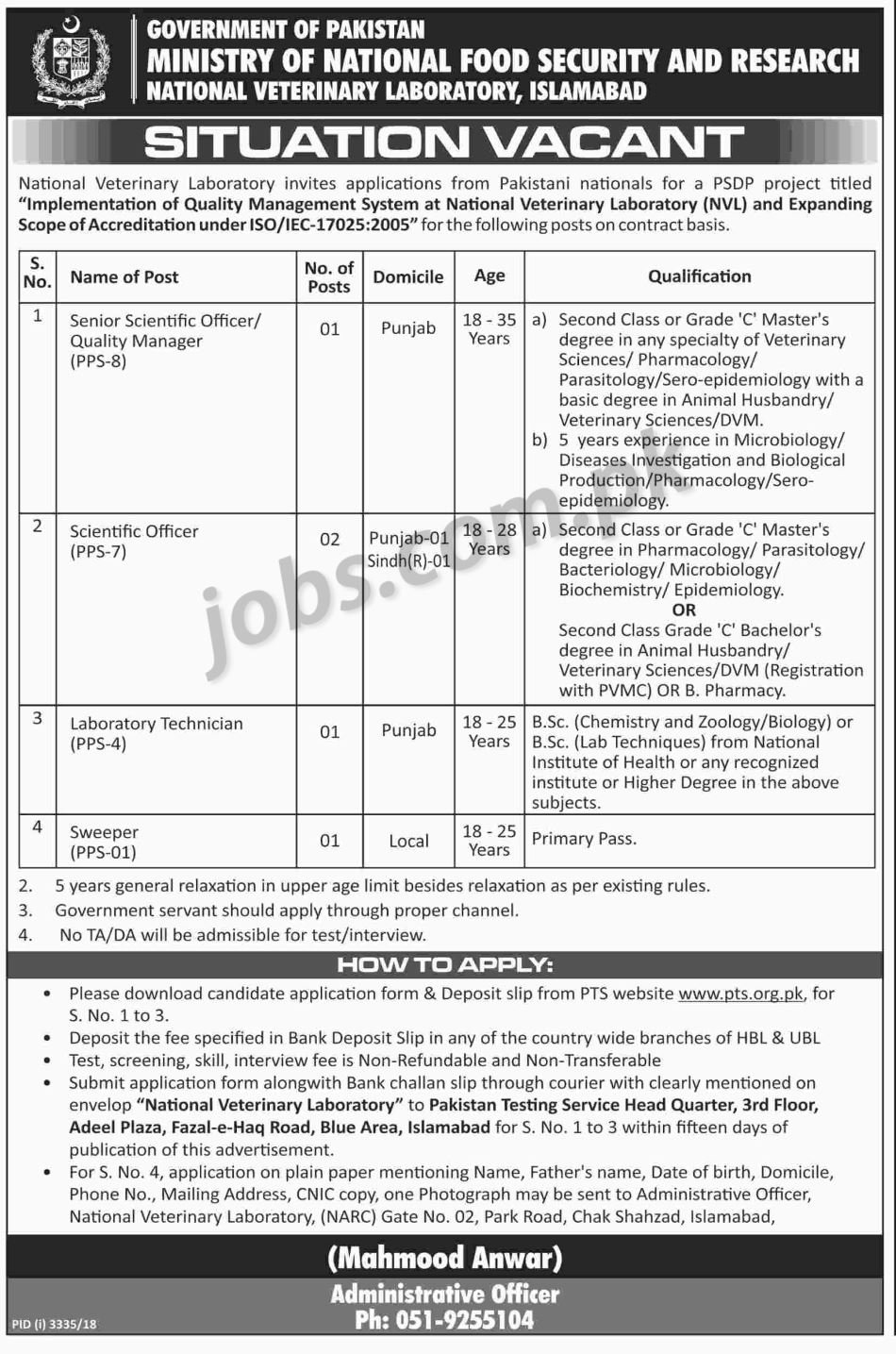 Ministry of National Food Security & Research Jobs 2019 for Scientific Officers, Quality Manager, Lab & Support Staff (Download PTS Form)