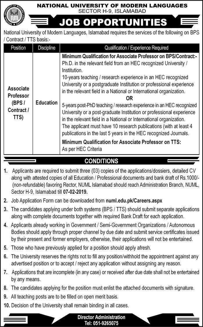 NUML (Islamabad) Jobs 2019 for Teaching Faculty